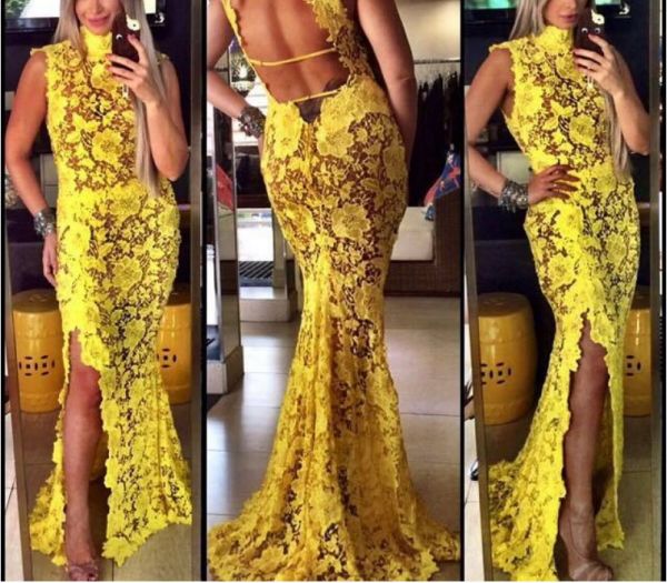 Vestido Rendado Amarelo Longo